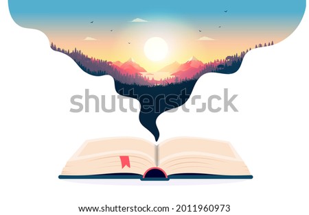 Book imagination - Open book with dreamlike landscape. Escape reality with reading good books concept. Vector illustration