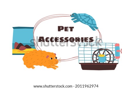Vector illustration with frame, design of text of pet store. Image shows a frame, background with goods for rodents, reptiles, aquariums, cages. Concept products for animals, design.
