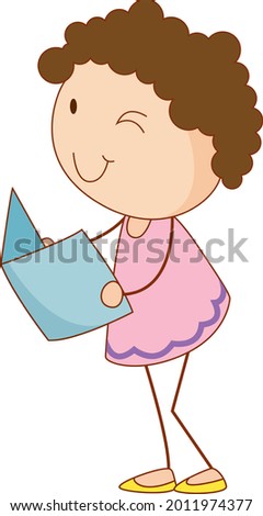 A doodle kid holding a book cartoon character isolated illustration