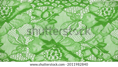 Green lace fabric. Gorgeous green stretch floral lace. DIY crafts. Designer accessories. Decorations for your projects. Elastic finish. Texture background pattern