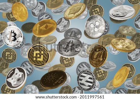 Falling cryptocurrencies (bitcoins, dogecoins, shiba coins, binance coins and other) over black background