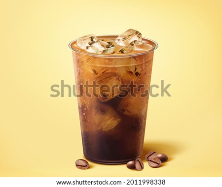 3d illustration of iced cold brew coffee in plastic takeout cup. Drink element isolated on yellow background. Royalty-Free Stock Photo #2011998338
