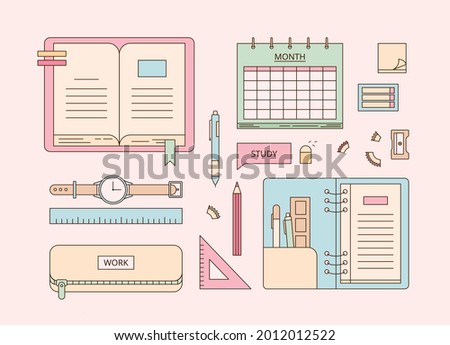 Books and stationery arranged in sorted order. outline simple vector illustration.