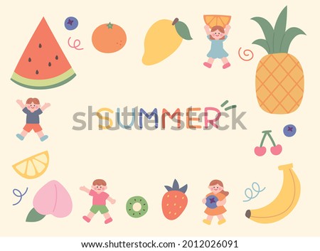 Cute children are holding fruits. Huge fruits are lined up on the edges and there is space for writing in the middle. hand drawing style cute vector illustration.