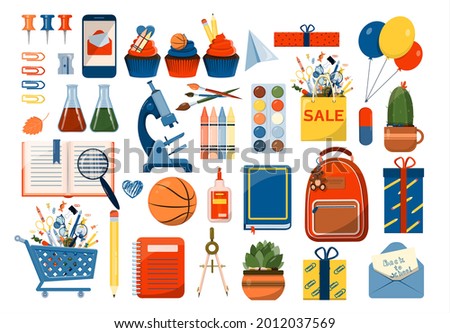 Back to school. Big vector set. Stationery for school, university and office. Cartoon school supplies. A set of colored icons. Flat illustrations for elementary school. Bright cut out cliparts