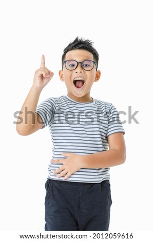 Funny cutout portrait of young healthy Asian boy wearing glasses and casual horizontal striped shirt shout out loud with surprising, exciting, good idea on unexpected opportunity