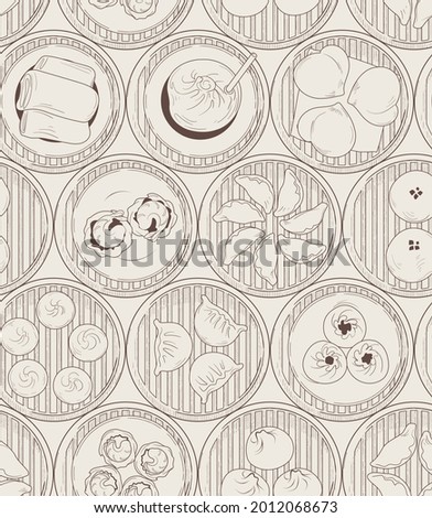 The hand-drawn seamless monochrome pattern design.  Asian traditional food Dim Sum,Yang-Cha. repeatable food background design in vintage style. included steamer, buns, soup dumplings. Royalty-Free Stock Photo #2012068673