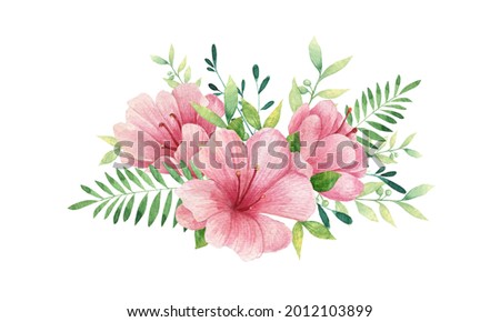 pink flowers composition bouquet greenery beautiful watercolor hand drawn painting