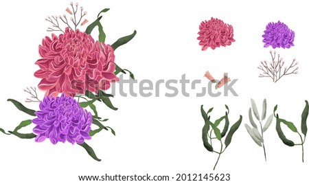 et of watercolor flower arrangement, chrysanthemum, rose, with leaves, petal, and stem isolated vector. Watercolor floral bouquet violet, purple,red, green, olive