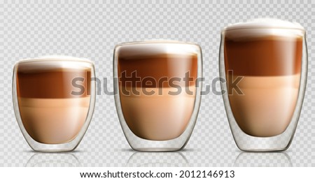 Set of realistic glossy glass cups with double wall full of hot cappuccino or latte. Royalty-Free Stock Photo #2012146913