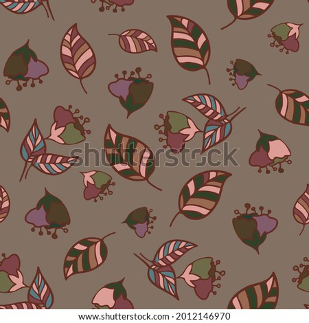 Vector seamless pattern colorful design of abstract lined flowers in dull autumn tones on brown. The design is perfect for backgrounds, textiles, wrapping paper, wallpaper, decorations and surfaces