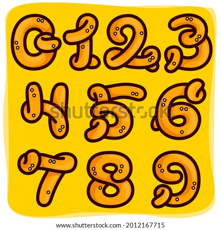 Numbers set made of pretzel. Hand-drawn with Oktoberfest pattern on background. Perfect to use in any German restaurant advertising, party posters, appetizer identity, etc.