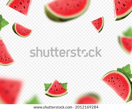 Falling watermelon fruit on transparent background. Blurred and realistic watermelon slices  and geen leaves for advertising. Royalty-Free Stock Photo #2012169284