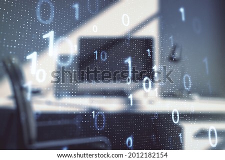 Double exposure of creative abstract binary code hologram and modern desktop with laptop on background. Database and programming concept