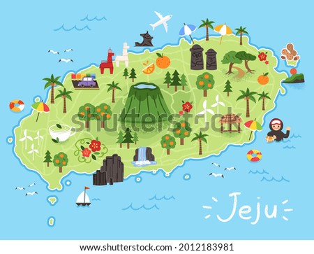 A map of Jeju Island's tourist attractions and routes. Haenyeo, Hallasan, beach, arboretum, famous places, and famous food are displayed. Royalty-Free Stock Photo #2012183981