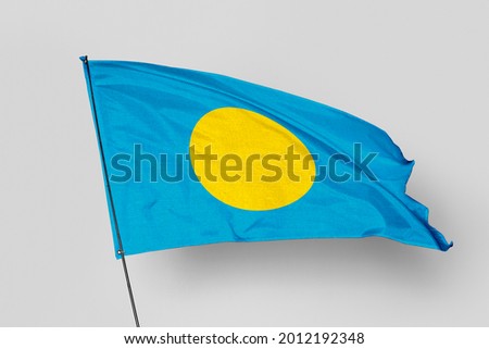 Palau flag isolated on white background. National symbol of Palau. Close up waving flag with clipping path.