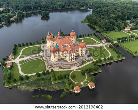 Aerial view of Moritzburg Castle near Dresden Royalty-Free Stock Photo #2012198402