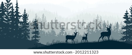 Horizontal banner. Silhouette of deer, doe, fawn standing on meadow in forrest. Silhouette of animal, trees, grass. Magical misty landscape, fog. Blue and gray illustration. Bookmark. Royalty-Free Stock Photo #2012211323