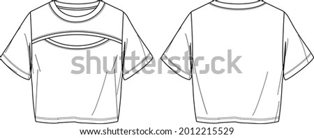 Vector short sleeved T-Shirt fashion CAD, woman round neck top with cut-out detail technical drawing, template, flat, sketch. Jersey or woven fabric blouse with front, back view, white color Royalty-Free Stock Photo #2012215529