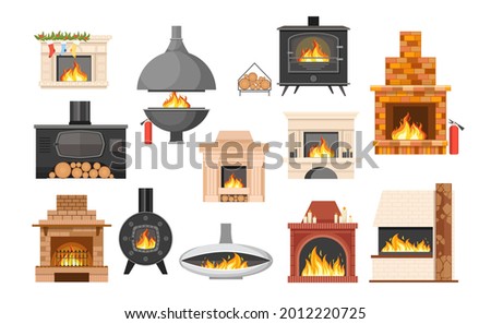 Set of Traditional and Modern Fireplaces, Indoor Heating Stoves, Chimneys with Burning Fire and Logs. Home Fireside, Heating System Design Isolated on White Background. Cartoon Vector Illustration Royalty-Free Stock Photo #2012220725