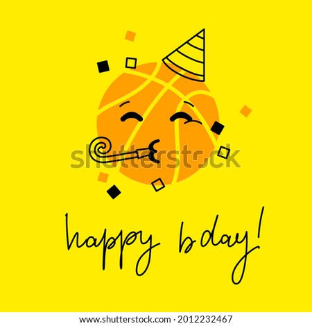 basketball ball greeting card with smiling face wearing birthday hat and congratulations lettering. Vector illustration.