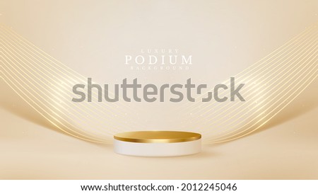 Realistic white product podium showcase with line golden wave on back. Luxury 3d style background concept. Vector illustration for promoting sales and marketing. Royalty-Free Stock Photo #2012245046