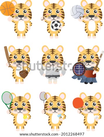 A set of tigers playing various sports, the word "tiger" is written in Japanese on the chest of the tiger in the middle