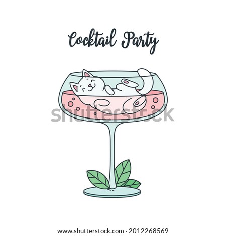 Cocktail Party. Illustration of a funny white cat swimming in a cocktail glass. Can be used as invitation or banner.