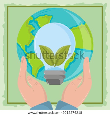 hands holding world with ecological light bulb