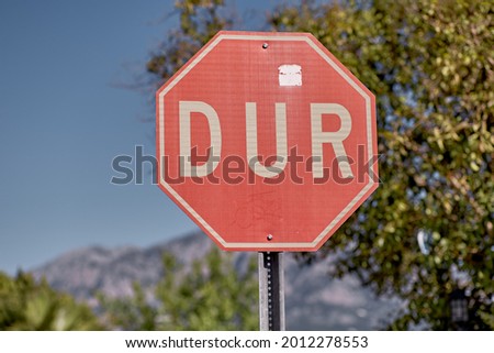 The road sign STOP in Turkish DUR is prohibited in Turkey in front of mountains. High quality photo