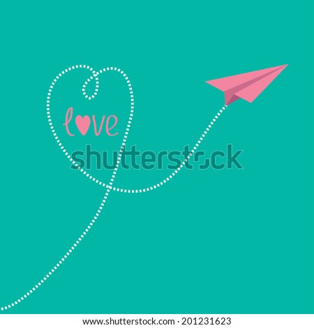 Origami pink paper plane with dash heart in the sky and word love. 