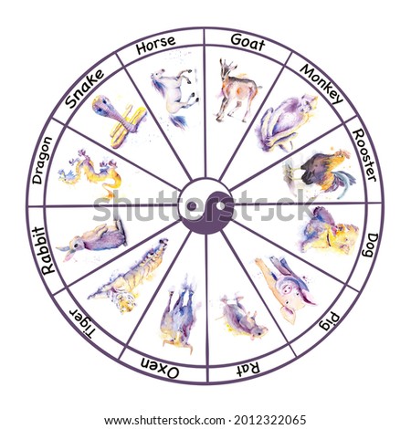 Round chinese calendar watercolor animals with years twelve chinese zodiac animals