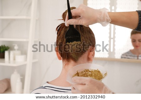 Professional hairdresser dyeing woman's hair with henna in beauty salon, back view