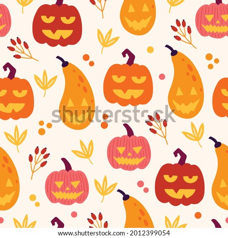 Halloween seamless pattern with pumpkins, berries, leaves on white background. Perfect for autumn holidays, wallpaper, wrapping paper, fabric. Vector illustration