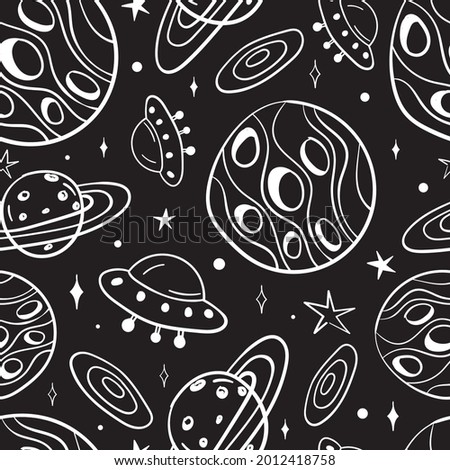 Line planets universe abstract doodle black and white vector seamless repeat pattern.