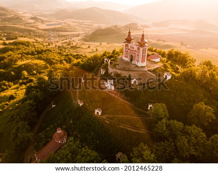 Romantic morning scenery of calvary in Banska Stiavnica, UNESCO, Slovakia. Old Slovakia mining town of Banska Stiavnica. Royalty-Free Stock Photo #2012465228