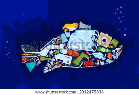 Save the ocean. Different waste polluting sea and beach. Landscape poster. Polluted waters. Microplastics - threat to the ecosystem. Plastic pollution ecology crisis. Big problem. Vector illustration Royalty-Free Stock Photo #2012475836