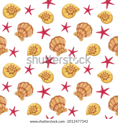 watercolor seamless pattern with seashells,starfish on white background.Watercolor tropical beach design.Perfectly for wrapped paper, backdrop, frame or border. Marine collection.