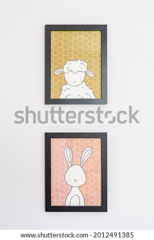 kids decoration, portrait frames, funny cartoons, picture mock up, living room, template angle view