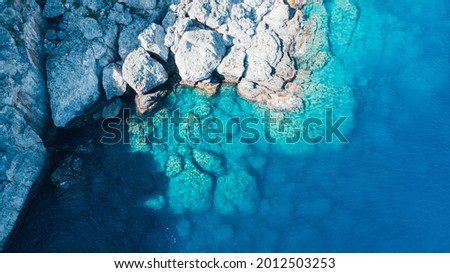 Light blue Lindos Bay from above, Drone shot, aerial view from above, Rhodos (Greece)