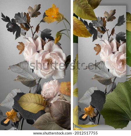 white roses and autumn foliage on a gray background, two vertical images. 