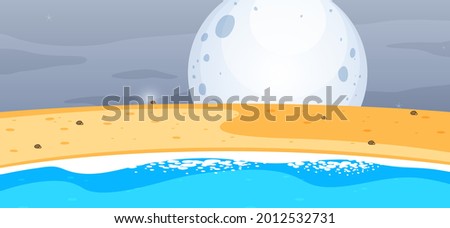 Empty beach scene at night with the big moon in simple style illustration
