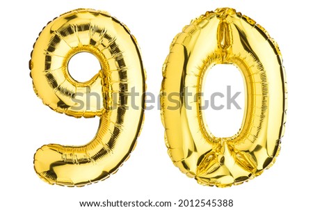 Number Ninety 90 balloons. Helium balloon. 90% off. Golden Yellow foil color. Birthday Party, greeting card, Sale, Advertising, Anniversary. High resolution photo. Isolated on white background.