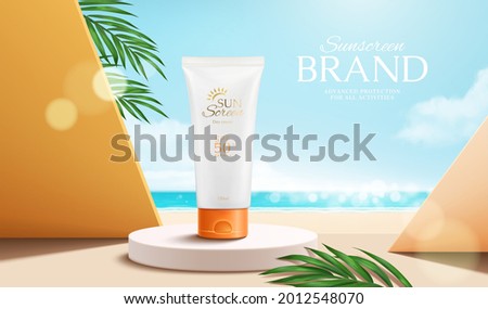 3d summer sunscreen tube ad banner. Illustration of sunblock product display on round podium at hot beach sand Royalty-Free Stock Photo #2012548070