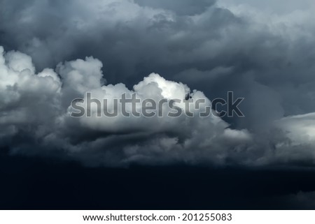 Horizontal shot of dramatic ominous stormy sky before rain. Strong wind is driving dark thunderclouds. Bad weather, terrifying natural phenomena. Natural overcast sky background