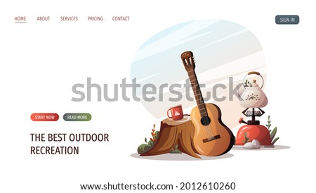 Stump with cup, guitar, gas-burner with kettle. Camping, traveling, trip, hiking, camper, nature, journey, picnic, campsite concept. Vector illustration for poster, banner, website.