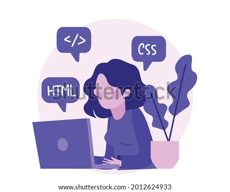 Software engineer concept. Web design and development, programmer and coding website or app. project engineer, programming software, application, developer, HTML, PHP, JS, CSS, Java Script, languages. Royalty-Free Stock Photo #2012624933