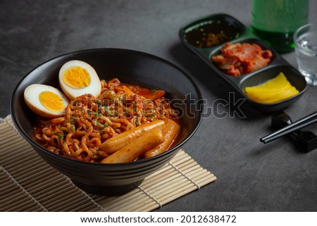 Korean instant noodle and tteokbokki in korean spicy sauce, Ancient food Royalty-Free Stock Photo #2012638472