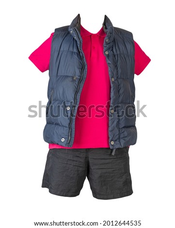 Dark blue sleeveless jacket,red t-shirt with collar on buttons and black sports shorts, isolated on white background. Current clothes for cool weather