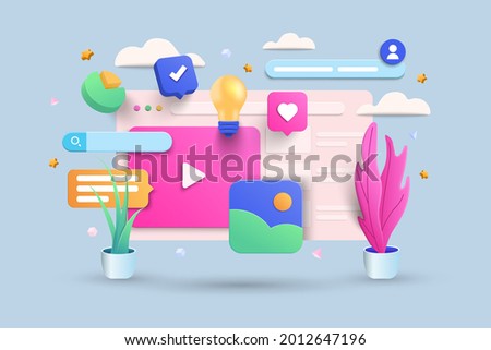 Digital Screen 3D Illustration, Video player, gallery, development, seo analysis concept with floating elements. Development banner design with 3d rendering. Vector Illustration Royalty-Free Stock Photo #2012647196